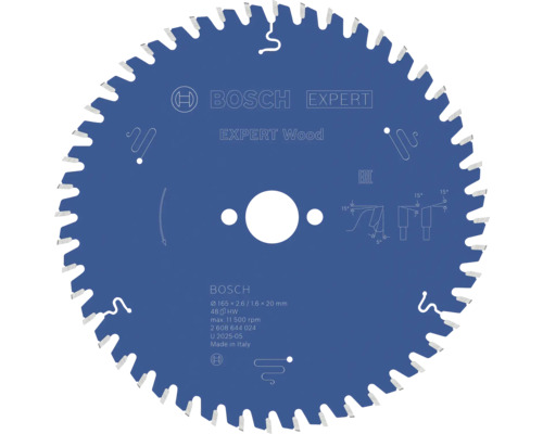 Pilový řezný kotouč pro okružní pily Expert for Wood Ø 165x20 mm Z 48 Pilový kotouč Bosch Expert for Wood, průměr 165 milimetrů, otvor 20 milimetrů, 48 zubů.