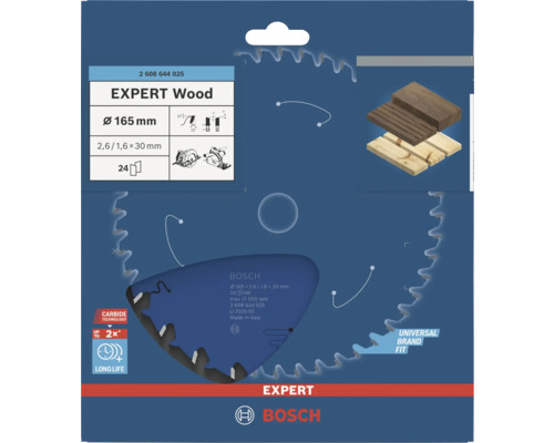 Pilový kotouč Bosch EXPERT Wood do okružních pil, průměr 165 milimetrů, 24 zubů, otvor 30 milimetrů, Carbide Technology, Bosch Logo.