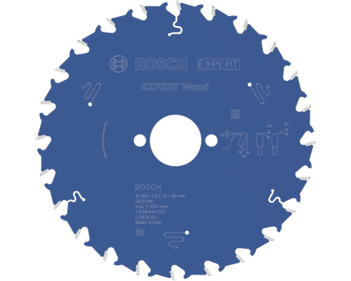 Pilový řezný kotouč pro okružní pily Expert for Wood Ø 165x30 mm, Z 24 Modrý pilový kotouč Bosch Expert for Wood, průměr 165 milimetrů, otvor 30 milimetrů, 24 zubů.