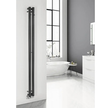 Moderní koupelna s designovým radiátorem, vanou a umyvadlovou skříňkou.