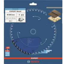 Pilový kotouč Bosch Expert Wood o průměru 200 milimetrů se 48 zuby a technologií Carbide pro dlouhou životnost při práci se dřevem.