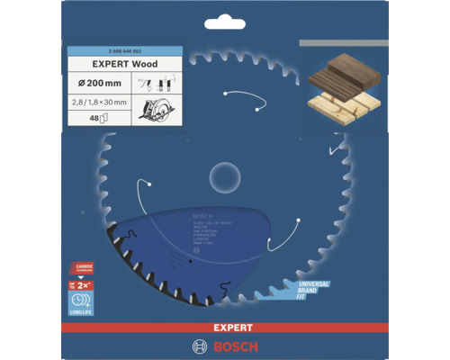 Pilový kotouč Bosch Expert Wood o průměru 200 milimetrů se 48 zuby a technologií Carbide pro dlouhou životnost při práci se dřevem.