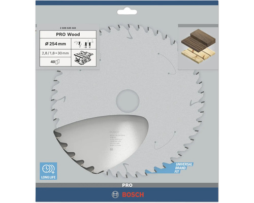 Pilový kotouč Bosch PRO Wood, průměr 254 milimetrů, 40 zubů, na dřevo, Universal Brand Fit, dlouhá životnost, Bosch Logo.