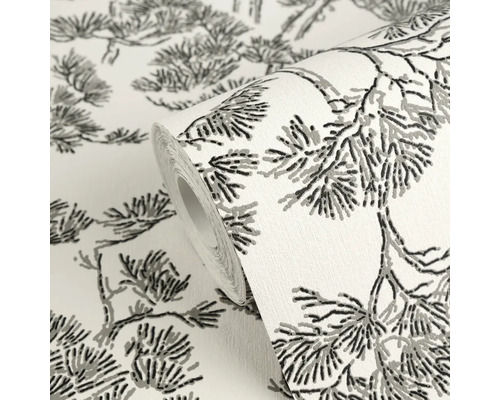 Role tapety s černo-šedým vzorem borovicových větví.
