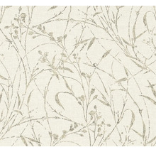 Vliesová tapeta s jemným květinovým vzorem větví, listů a poupat.