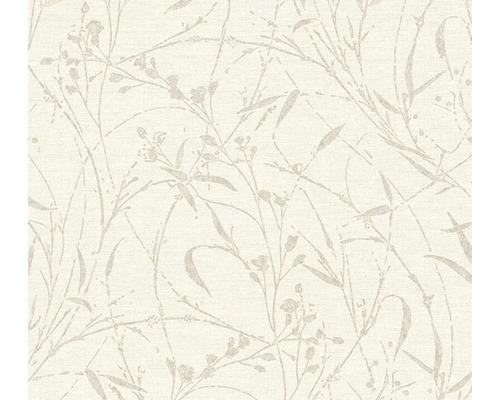 Vliesová tapeta s jemným botanickým vzorem listů, větviček a drobných květů.