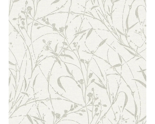 Tapeta s botanickým vzorem travin, listů a jemných květů.