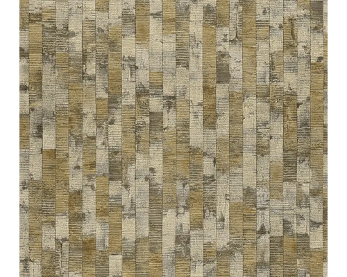 Tapeta se vzorem svislých pruhů, vodorovnými strukturovanými drážkami a efektem opotřebení.