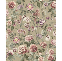 Tapeta s květinovým vzorem, zobrazující různé květiny jako růže, jiřiny a tulipány v růžových a fialových tónech na béžovém pozadí.