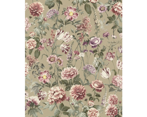 Tapeta s květinovým vzorem, zobrazující různé květiny jako růže, jiřiny a tulipány v růžových a fialových tónech na béžovém pozadí.