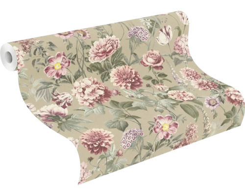 Vliesová tapeta s velkým květinovým vzorem růží a jiřin ve vintage stylu.