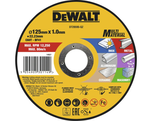 Řezný kotouč multimateriálový DeWalt DT20595-QZ 125 mm Řezný kotouč DeWalt, 125 mm x 1,0 mm, vhodný pro různé materiály jako kov, nerezová ocel, hliník, PVC, keramika a zdivo