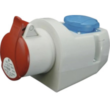 Průmyslová zásuvka s červeným výklopným víkem a modrým spínačem