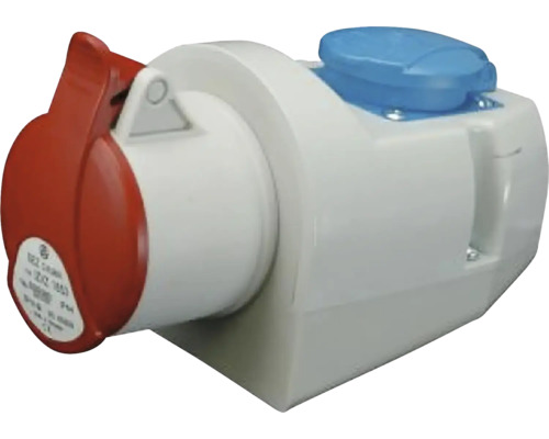 Průmyslová zásuvka s červeným výklopným víkem a modrým spínačem