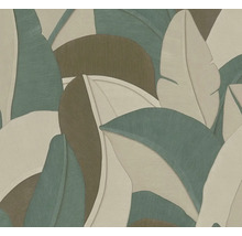 Vliesová tapeta se strukturovaným vzorem velkých tropických listů v zelené, béžové a hnědé barvě.
