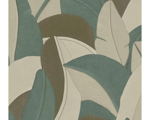 Vliesová tapeta se strukturovaným vzorem velkých tropických listů v zelené, béžové a hnědé barvě.