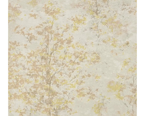 Vliesová tapeta se strukturovaným vzorem listů a třpytivými efekty ve zlaté a měděné barvě