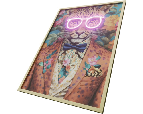 Zarámovaný obraz leoparda s brýlemi, motýlkem a sakem