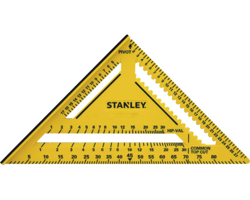 Zluty tesarsky uhelnik Stanley se stupnicemi pro mereni uhlu a stresni konstrukce.
