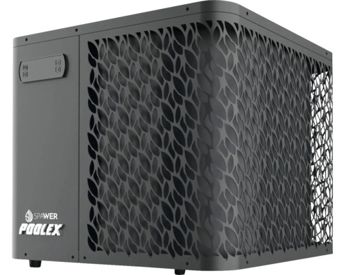 Bazénové tepelné čerpadlo Poolex Spawer s dekorativní ventilační mřížkou s motivem listů, digitálním ovládacím panelem a Poolex Logo.