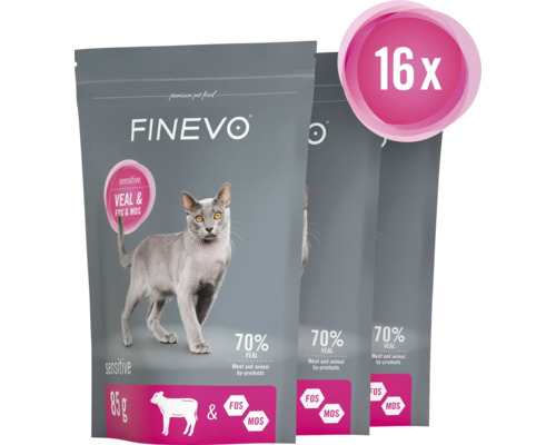 Tři balení krmiva pro kočky Finevo s telecím masem a přísadami, 16 kusů