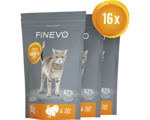 Tři balení krmiva pro kočky Finevo s krůtím masem a rýží, 16 kusů