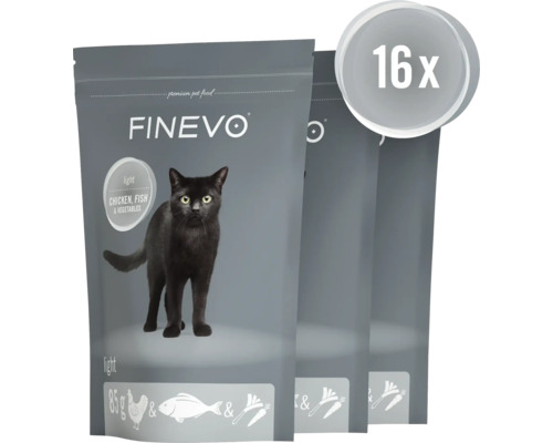 Krmivo pro kočky Finevo light s kuřecím masem, rybou a zeleninou, balení 16 sáčků po 85 gramech