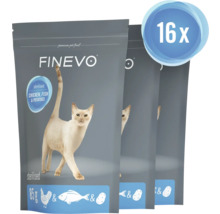 Krmivo FINEVO pro kastrované kočky, kuřecí, ryba a brambory, 16 balení po 85 gramech.