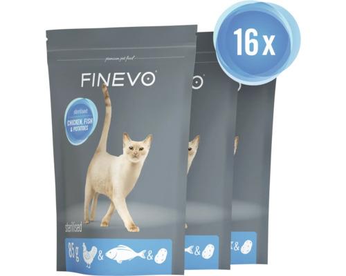 Krmivo FINEVO pro kastrované kočky, kuřecí, ryba a brambory, 16 balení po 85 gramech.