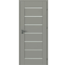 Šedé interiérové dveře se šesti úzkými horizontálními skleněnými výřezy, klikou a zárubní.