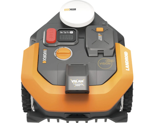 Robotická sekačka Worx Landroid s ovládacím panelem, tlačítkem zastavení, akumulátorem a technologií VSLAM