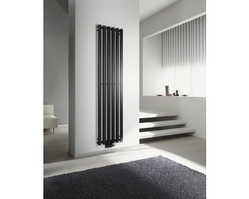 Černý radiátor v moderní koupelně s šedým kobercem