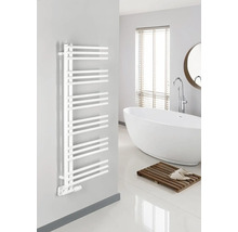 Moderní koupelna s bílým topným tělesem na ručníky a volně stojící vanou.