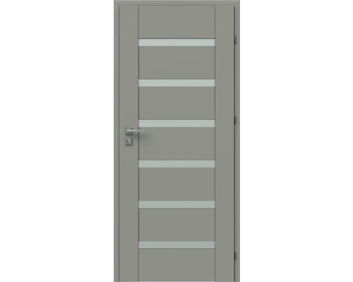Interiérové dveře s pěti úzkými horizontálními prosklenými výřezy a moderní klikou.