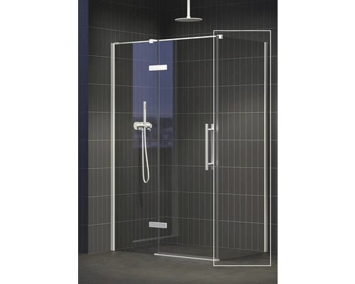 Rohová sprcha s otočnými dveřmi a sprchovou armaturou na tmavém pozadí