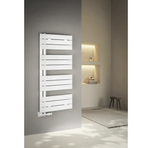 Moderní koupelna s bílým radiátorem na ručníky na stěně