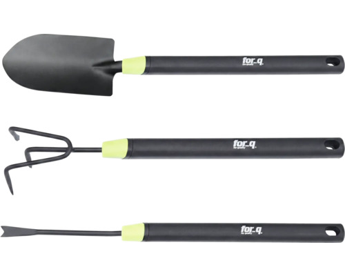 Sada zahradního nářadí s lopatou, kultivátorem a sázecím kolíkem od společnosti for_q