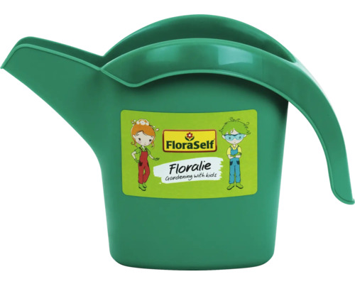 Zelená plastová konev pro děti s FloraSelf Logo.