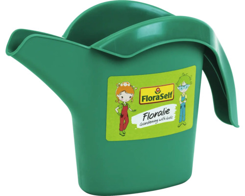 Dětská konev FloraSelf z plastu v zelené barvě s nálepkou Floralie.
