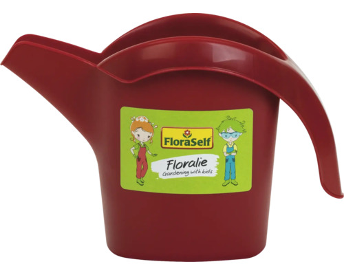 Malá červená plastová dětská konvička FloraSelf Floralie s výlevkou a rukojetí.