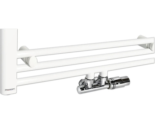 Bílý radiátor na ručníky s termostatickým ventilem