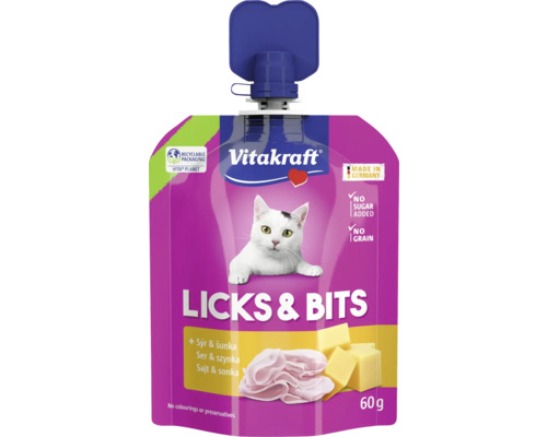 Vitakraft Licks & Bits pochoutka pro kočky se sýrem a šunkou v 60gramovém sáčku
