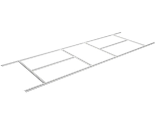 Kovový podlahový rám pro zahradní domky, obdélníková konstrukce s příčnými výztuhami pro stabilitu.