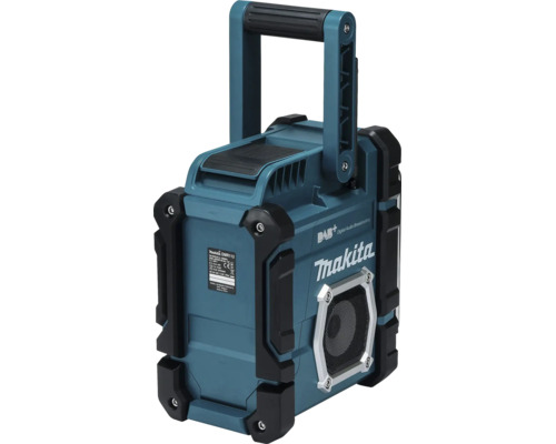 Stavební rádio Makita DMR112 s Digital Audio Broadcasting plus, Bluetooth, rukojetí a Makita Logo.