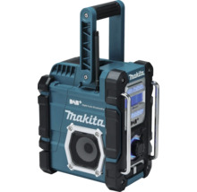 Stavební rádio Makita s Digital Audio Broadcasting Plus, Bluetooth, rukojetí, ochrannými lištami a digitálním displejem.