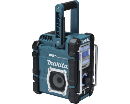 Stavební rádio Makita s Digital Audio Broadcasting Plus, Bluetooth, rukojetí, ochrannými lištami a digitálním displejem.
