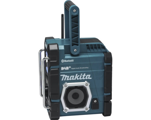 Stavební rádio Makita s Bluetooth, DAB+ Digital Audio Broadcasting, robustním krytem a rukojetí.