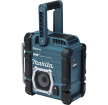 Stavební rádio Makita s Digital Audio Broadcasting Plus, Bluetooth a technologií LXT nebo CXT, robustní kryt s rukojetí.