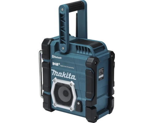 Stavební rádio Makita s Digital Audio Broadcasting Plus, Bluetooth a technologií LXT nebo CXT, robustní kryt s rukojetí.