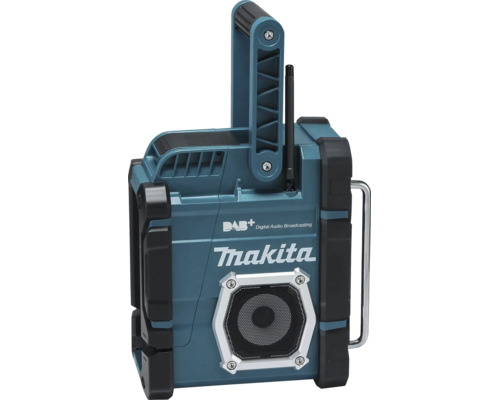 Stavební rádio Makita s Makita Logo, DAB plus Digital Audio Broadcasting, rukojetí a ochranou krytu.